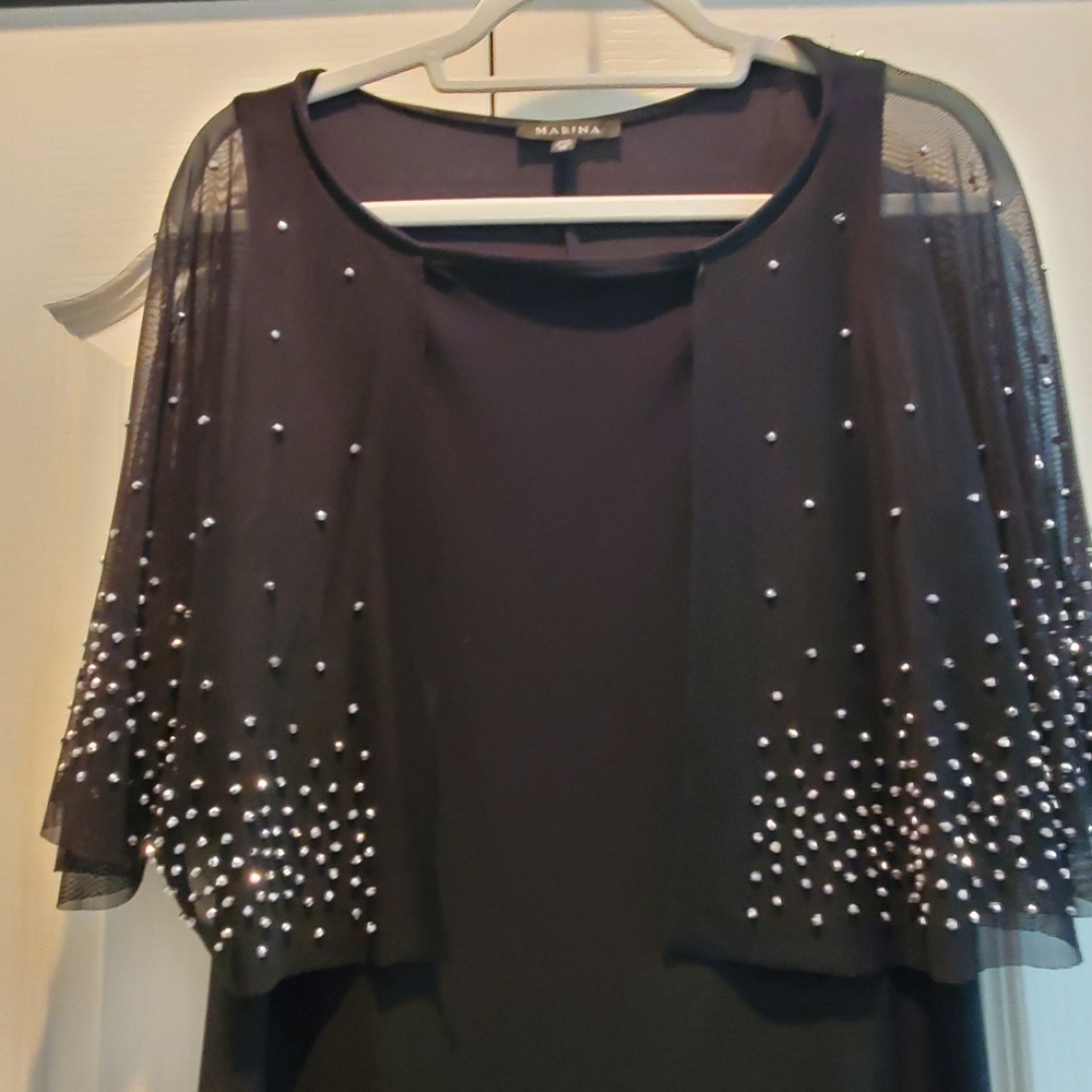 Marina, black cape top formal with rhinestone accents